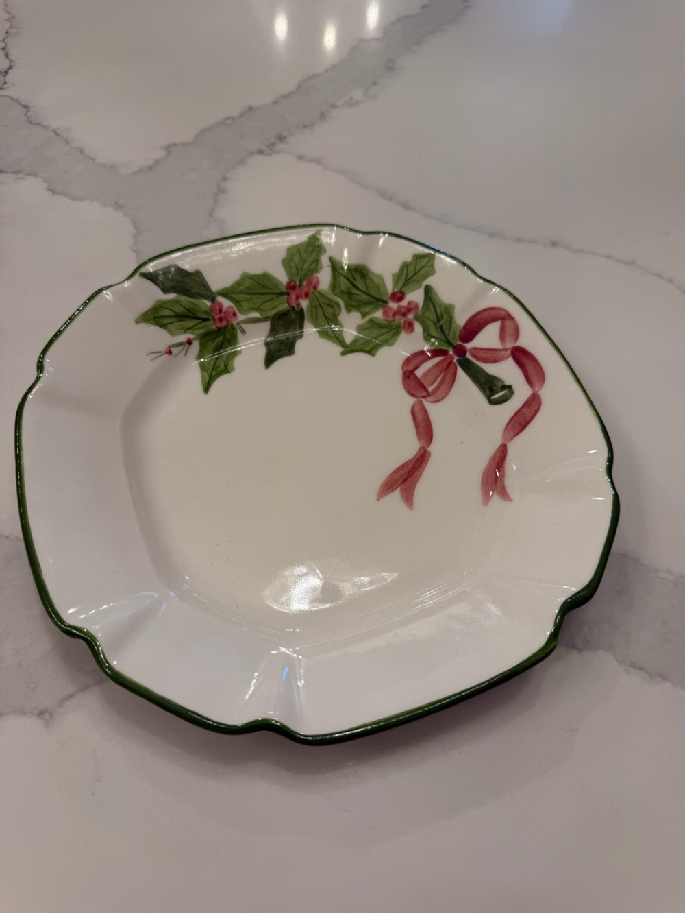 Vintage Plate Hand Painted Holly and Bow Green Dusty Pink Mauve